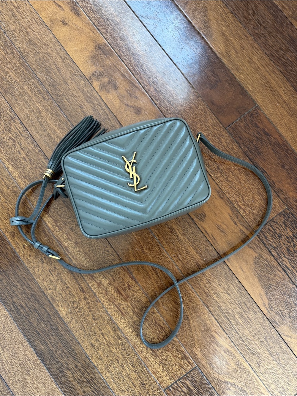Saint Laurent Olive Gray Quilted Leather Crossbody Camera Bag with Tassel